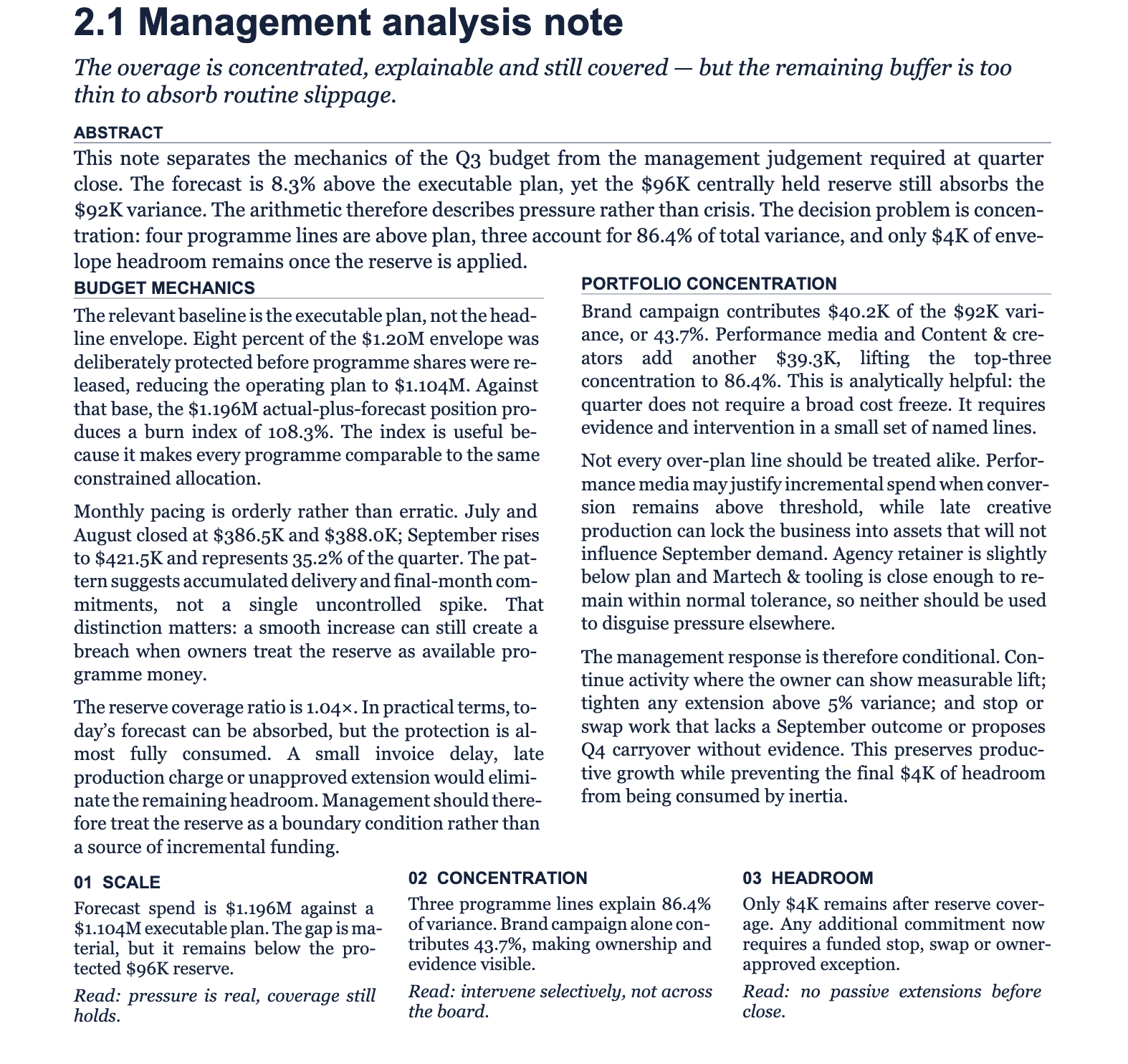 Traditional paginated management analysis document with multi-column typesetting